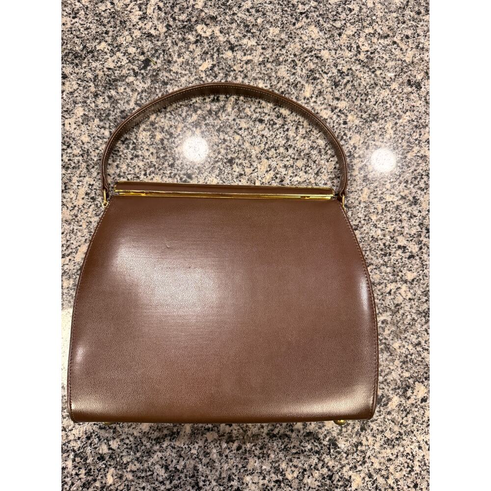 Vintage 1950s Brown & Cream Structured Top Handle Handbag - Picture 3 of 13